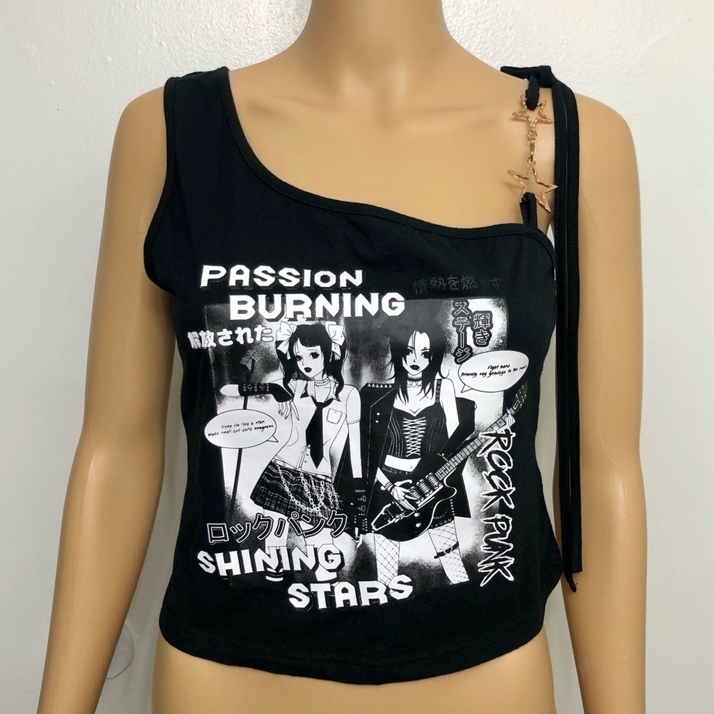 Shein | Black Anime Punk Figure Graphic Stars Tie Shoulder Top Size L